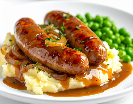 Roasted pork sausages in brown gravy and sauteed onions, mashed potatoes and peas, closeup. AI