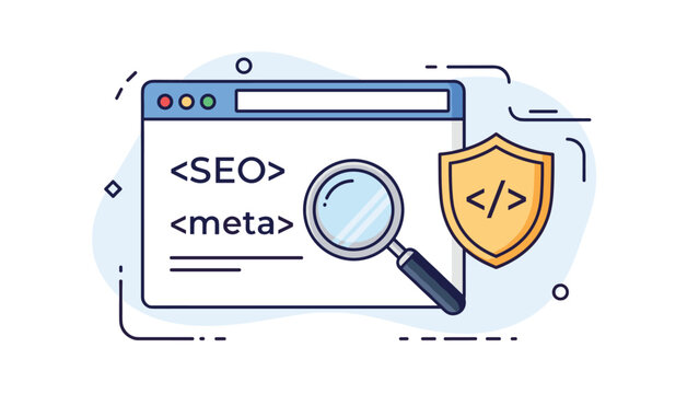 Search engine optimization concept featuring a browser window with meta tags, a magnifying glass, and a protective shield.