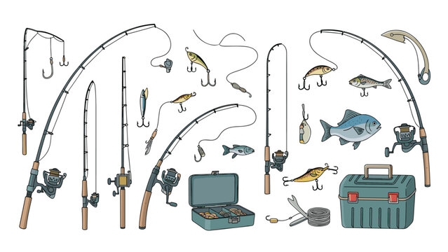 Comprehensive collection of fishing equipment including rods, reels, colorful lures, hooks, and a tackle box.