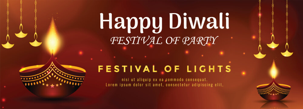 Happy diwali festival of lights greeting card designs with traditional celebrate hanging decorative oil lamps isolated on bokeh background