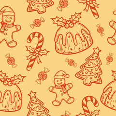 Naklejka premium Long Title: Seamless Christmas Vector Pattern with Gingerbread Men, Pudding, and Candy Canes on Yellow Background