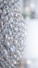 Obraz premium Macro view of iridescent soap bubbles clustered together creating a delicate transparent texture pattern on a soft blurred bright background
