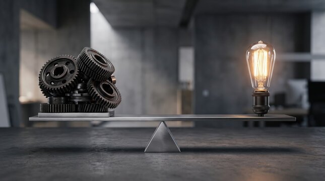 A glowing vintage light bulb balances with heavy metal gears on a seesaw lever, symbolizing the balance of creative ideas and practical execution.