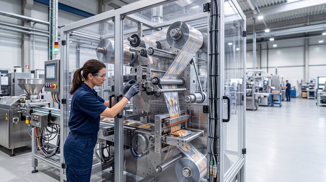 Professional female factory worker operating advanced industrial packaging machinery in a clean modern production facility environment