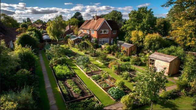 Suburban kitchen garden with raised beds, sheds and mature trees