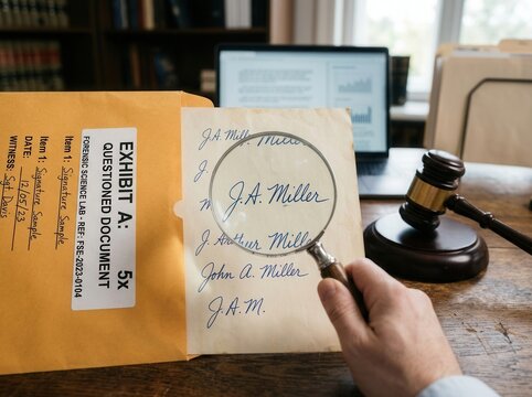 Forensic Document Examination Unveils Signature Authenticity With Magnifying Glass