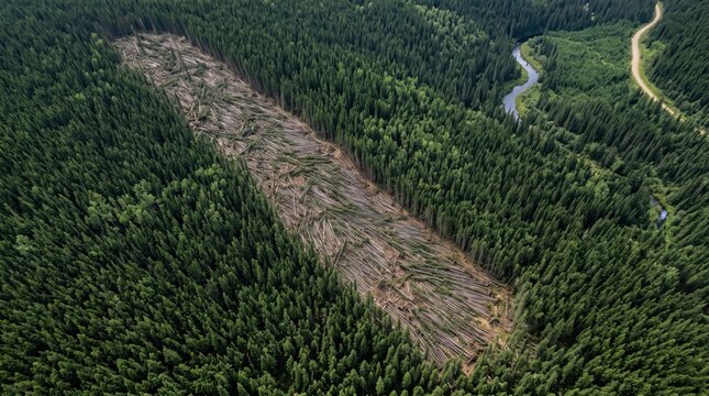 aerial view of clearcut logging area with felled tree trunks inside dense coniferous forest beside winding river
