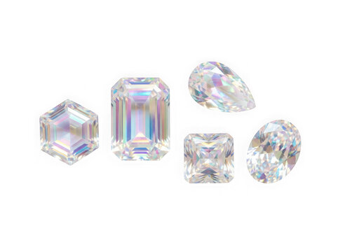 Set of various cut iridescent gemstones isolated on transparent background