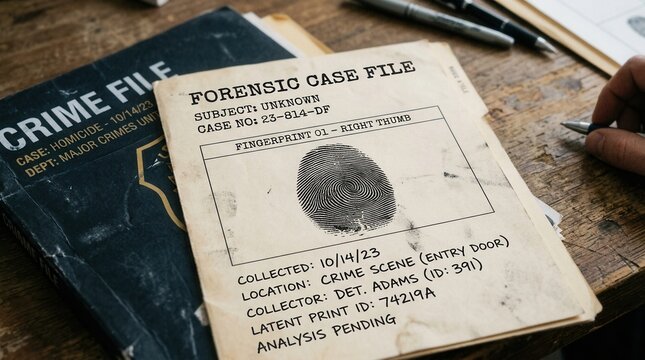 Forensic Case File With Fingerprint And Crime Scene Evidence On Table