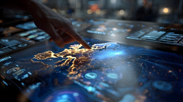 Person pointing at illuminated digital map on tactical display