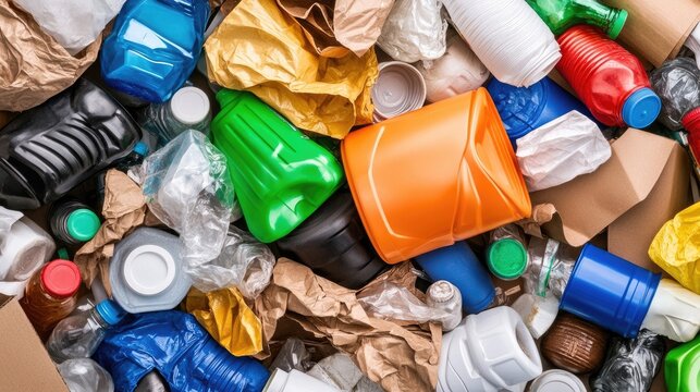Artfully arranged recyclable plastic and paper waste showcasing a sustainable living concept from home, office, or restaurant