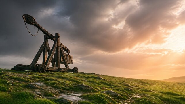 Ancient Wooden Catapult Machine Standing on Green Hill at Sunset