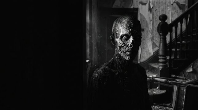 Cinematic Black and White Horror Banner with Grotesque Entity in Abandoned Victorian Mansion and Copy Space