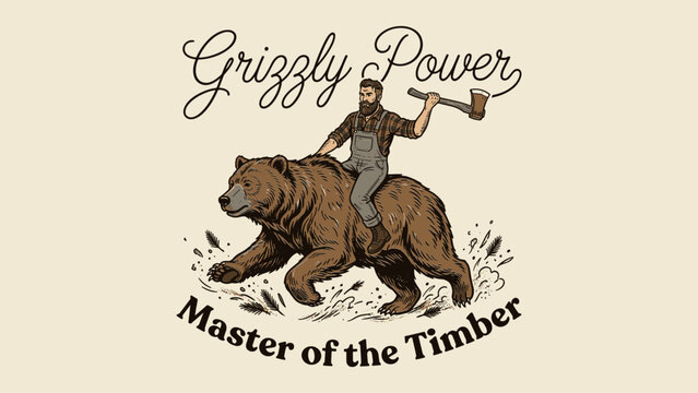 Vintage hand drawn lumberjack woodcutter riding a grizzly bear with an axe illustration for t-shirt design print, merchandise, and apparel brand