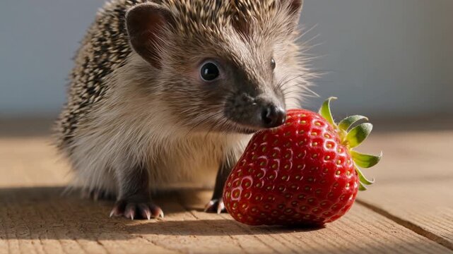Tiny hedgehog cautiously sniffing a fresh strawberry in a cozy natural setting. Charming close-up footage for wildlife, animal behavior, pet, food and heartwarming concepts.