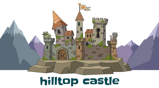 hilltop castle with rugged stone walls, defensive towers, elevated fortress architecture, panoramic landscape setting, historic European landmark, detailed vector illustration for travel themes