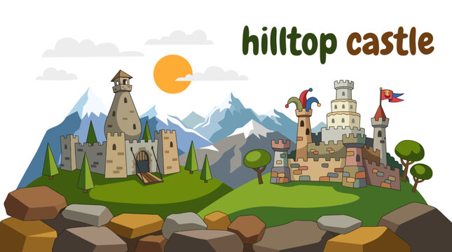 hilltop castle with rugged stone walls, defensive towers, elevated fortress architecture, panoramic landscape setting, historic European landmark, detailed vector illustration for travel themes