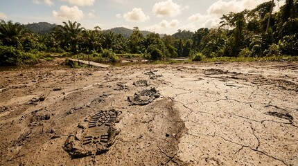 Fototapeta premium Footprints In Muddy Cracked Ground Amidst Lush Forest And River Landscape