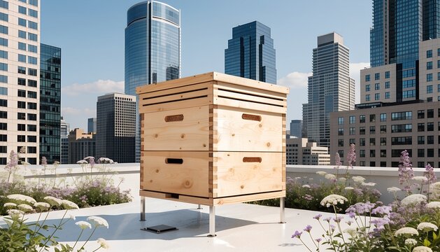 Sustainable urban beekeeping on city rooftop, Honeybee hive on a modern city roof, Rooftop apiary in local community garden, Roof apiary concept to save bees and support biodiversity in environment