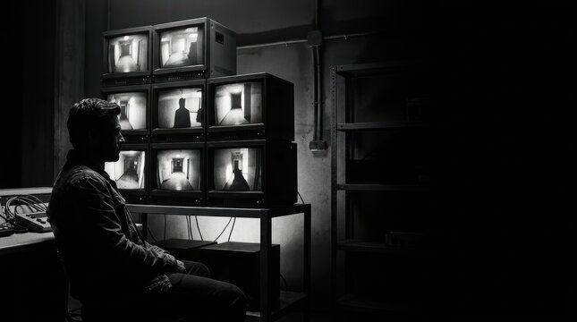 Cinematic black and white surveillance room with man watching CCTV monitor grid, eerie low-key lighting and large dark negative space for text.