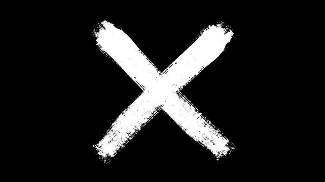 Hand-drawn grunge x mark animation, white chalk texture cross symbol on black background