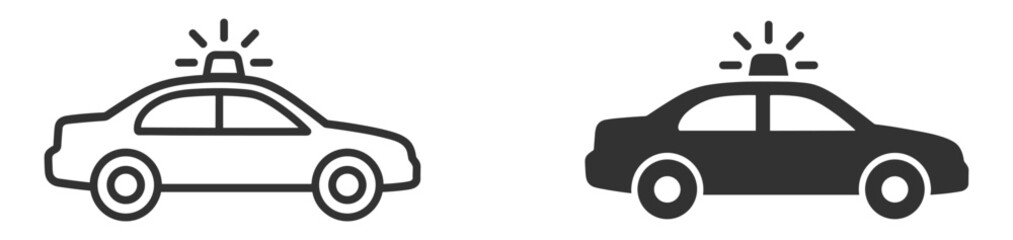 Police car icons, outline and filled patrol vehicle with emergency siren on transparent background © TanyaK