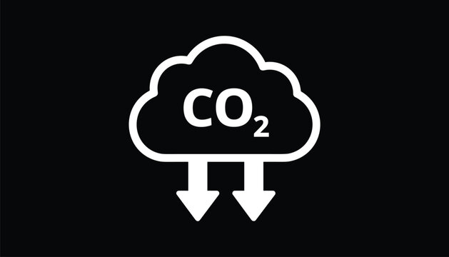 Carbon dioxide co2 reduction icon on black background featuring a white cloud with two downward arrows underneath.