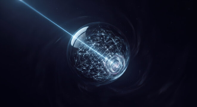 Quantum physics glass sphere with laser beam and galaxy vortex, cosmic energy core concept