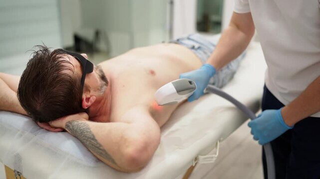 Male client receiving professional underarm laser hair removal from male aesthetic specialist, representing men's beauty, grooming, skincare, body care and self-confidence