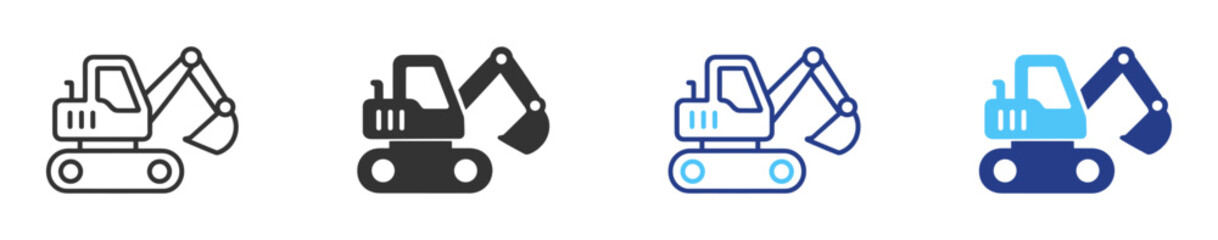 Naklejka premium Excavator icon set, outline and solid construction equipment pictograms on transparent background
