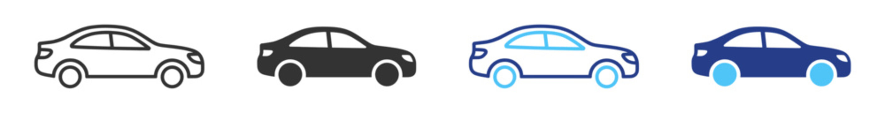 Car icons, outline and filled automobile front view set on transparent background