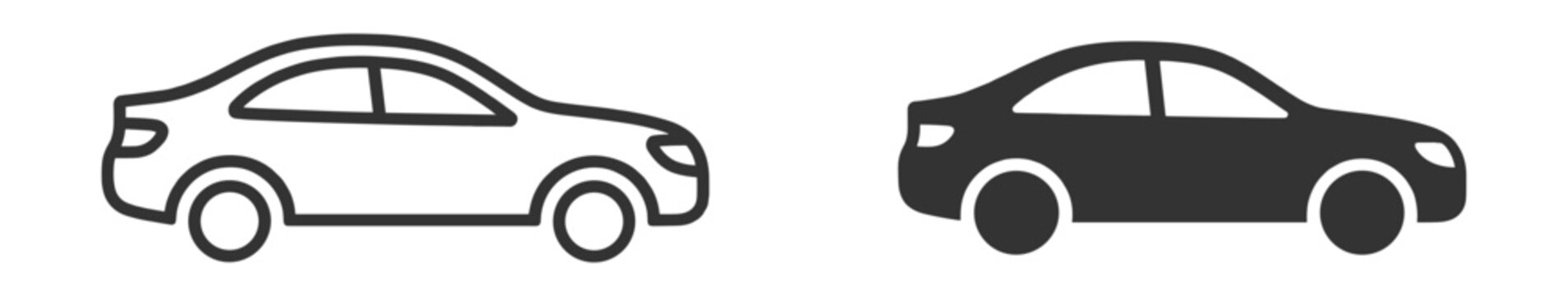 Car icons, outline and filled automobile front view set on transparent background