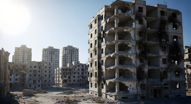 Ruined residential city blocks damaged by intense shelling and explosions