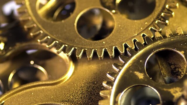 Closeup of interlocking golden clockwork gears, representing precision engineering, mechanical movement, and the intricate complexity of timekeeping machinery