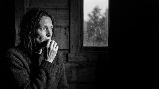 Cinematic Black and White Portrait of Terrified Woman in Dark Rustic Shelter with Copyspace