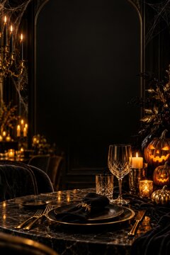 halloween dinner table with candles, pumpkins and elegant black-gold decor, captured in moody lighting and luxurious composition emphasizing warm glow and dark atmosphere