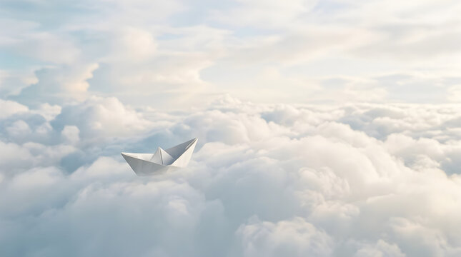 Small white paper boat drifting through a vast sky of soft cumulus clouds