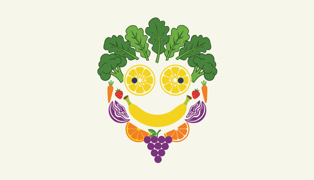 Creative smiley face constructed using fresh organic fruits and vegetables like broccoli, lemons, and bananas.