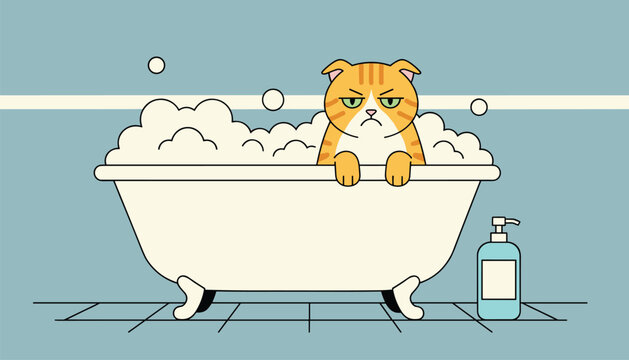 Grumpy orange tabby cat sitting in a bathtub full of white soap bubbles, funny pet wash day vector illustration.
