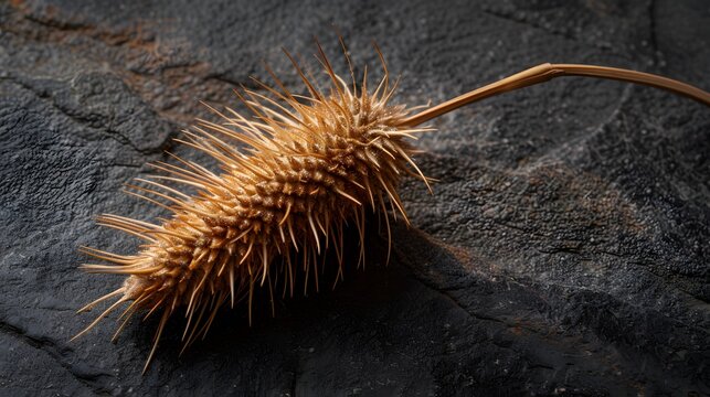 Spiky Textured Dried Teasel Seed Head on Dark Polished Slate