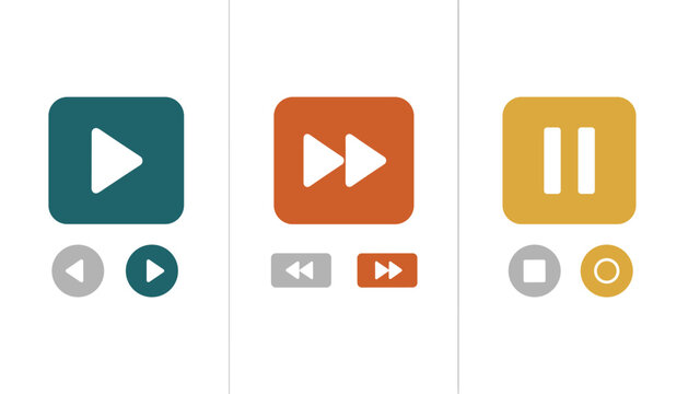 Media player control icons featuring play, fast forward, and pause buttons on dark teal, orange, and gold.