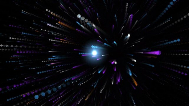 Abstract particle explosion with glowing colorful light streaks emerging from center on black space.