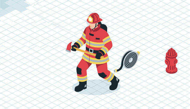 Isometric vector illustration of a firefighter holding an axe near a hose reel and red fire hydrant on a grid.