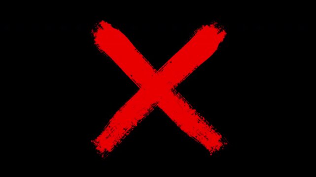 Hand-drawn red x mark animation, grunge brush stroke cross symbol, animated rejection or error sign on black background