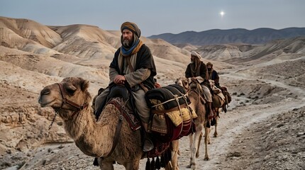Fototapeta premium A cinematic close-up of the Three Kings traveling on camels through a broad pale-ochre valley surrounded by softly eroded hills, their symbolic treasures wrapped in refined handcrafted fabrics and car