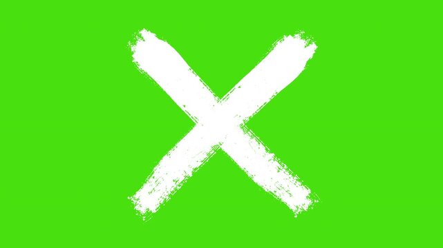 Hand-drawn white x mark animation on green screen, grunge brush stroke cross symbol overlay