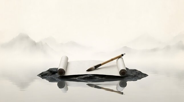 Traditional Calligraphy Scroll and Brush on Misty Lake Landscape