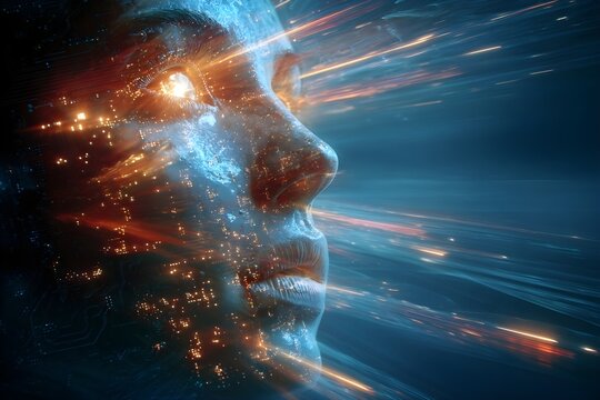 futuristic face with glowing eyes and streaks of light motion