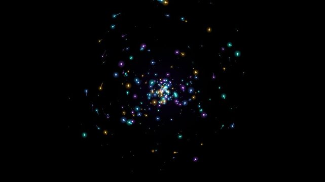 Abstract particle swarm spiraling outward in dark space creating dynamic cosmic motion graphics.