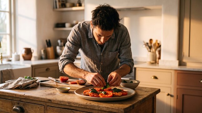 A man carefully prepares a fresh tomato and basil salad in a warm, sunlit rustic kitchen